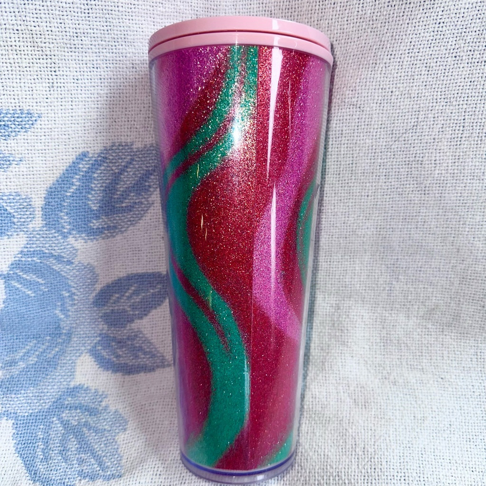 Starbucks Christmas Pink Red Green Glitter Wavy Swirl Cold Cup Tumbler 24oz - Picture 2 of 7